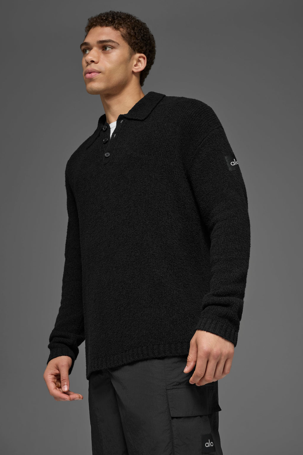 Textured Knit Long Sleeve Polo - Black