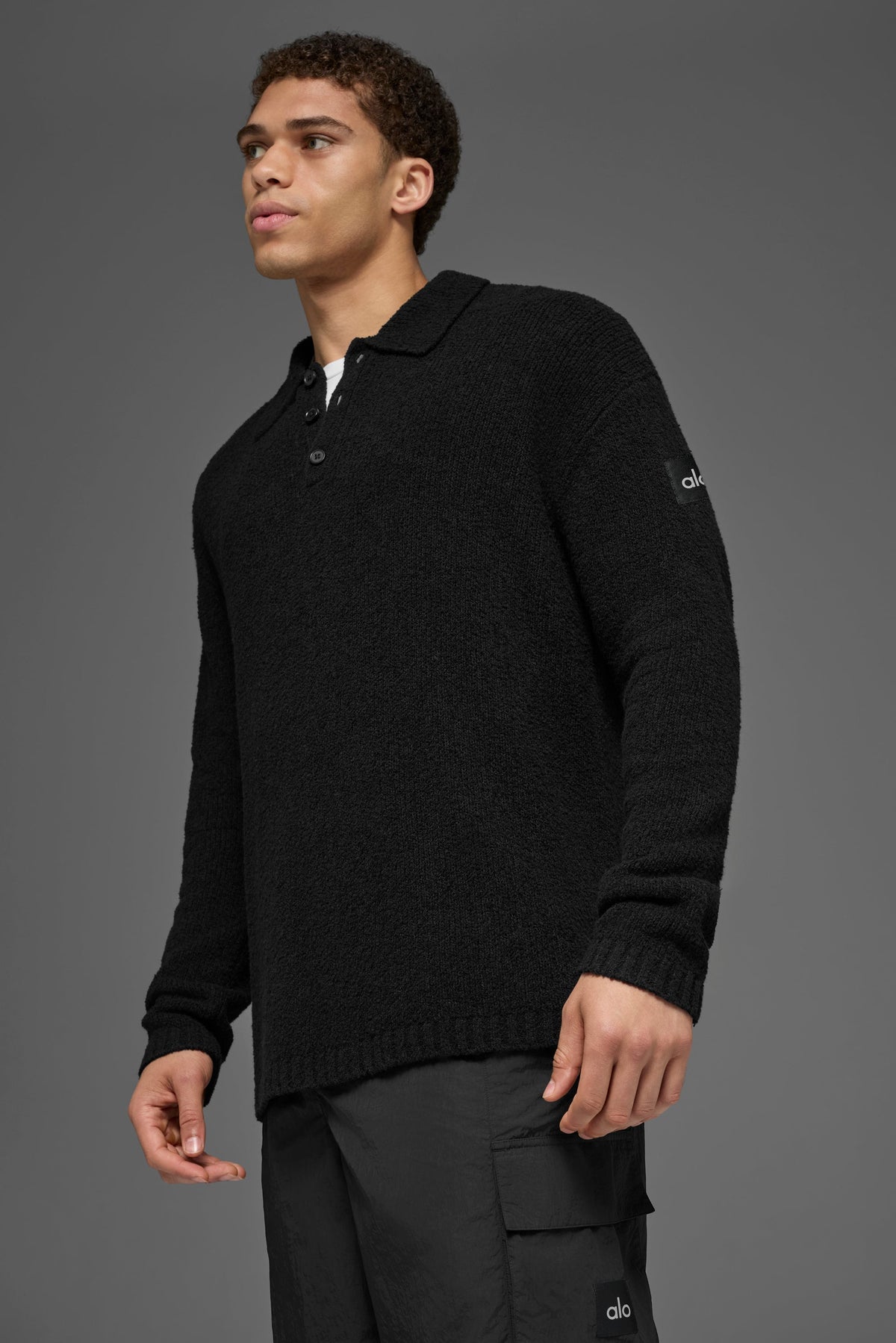 Textured Knit Long Sleeve Polo - Black