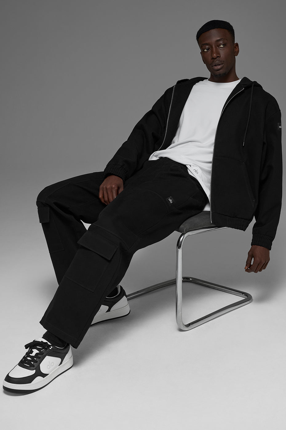 Cotton Canvas Full Zip Hoodie - Black
