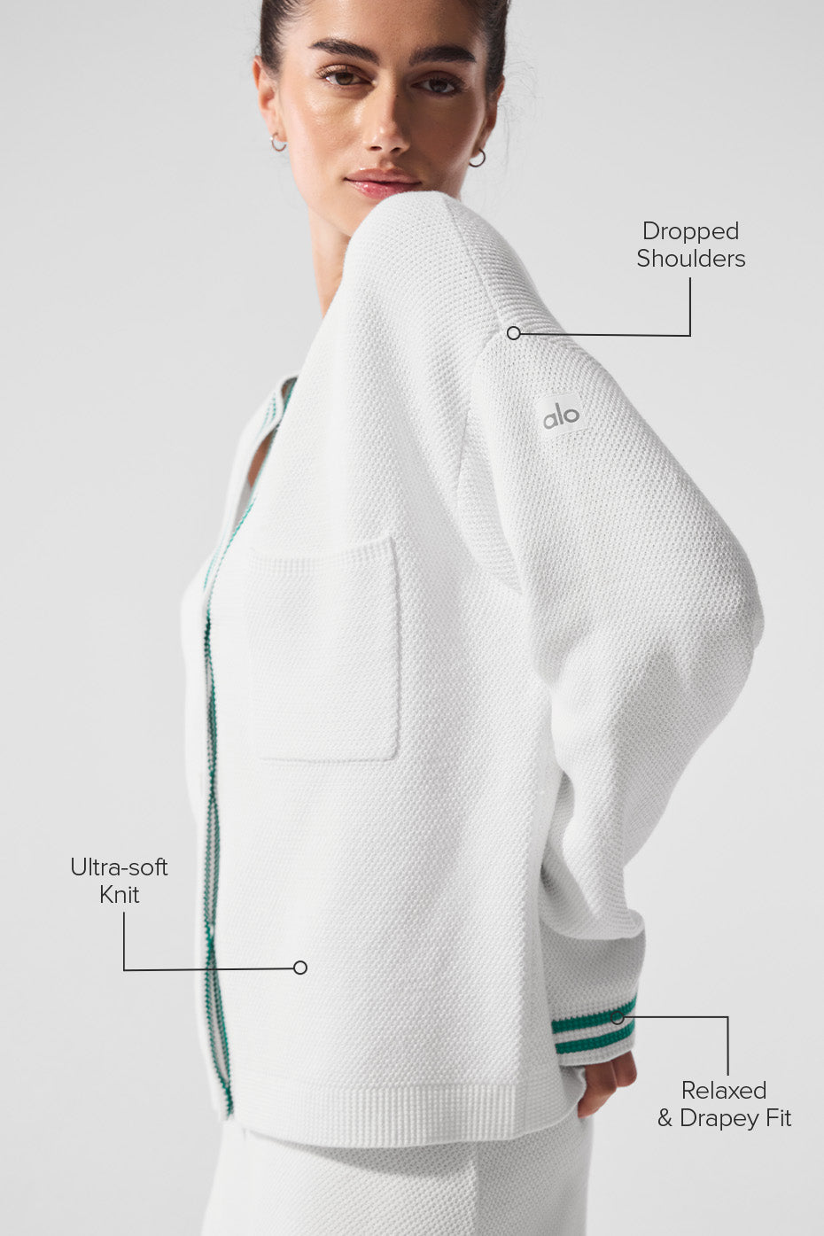 Tennis Club Sweater Knit Cardigan - White/Spruce Green