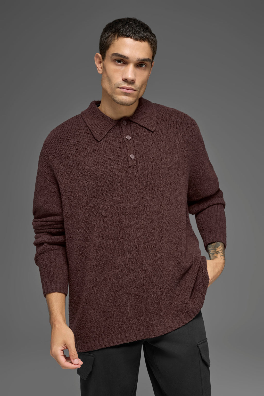 Textured Knit Long Sleeve Polo - Brownstone