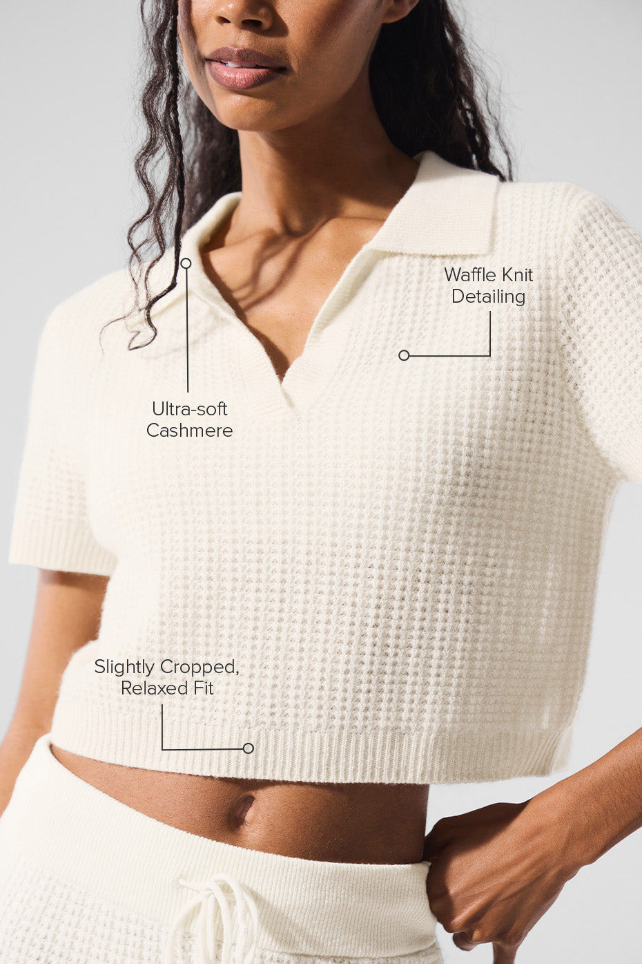 Cashmere Plush Waffle Polo Tee - Ivory