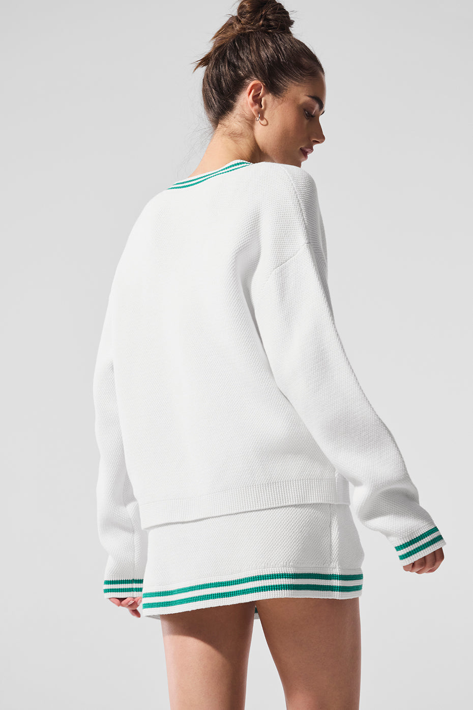 Tennis Club Sweater Knit Cardigan - White/Spruce Green