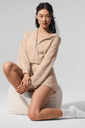 Cashmere Plush Waffle Full Zip Hoodie - Macadamia Blush