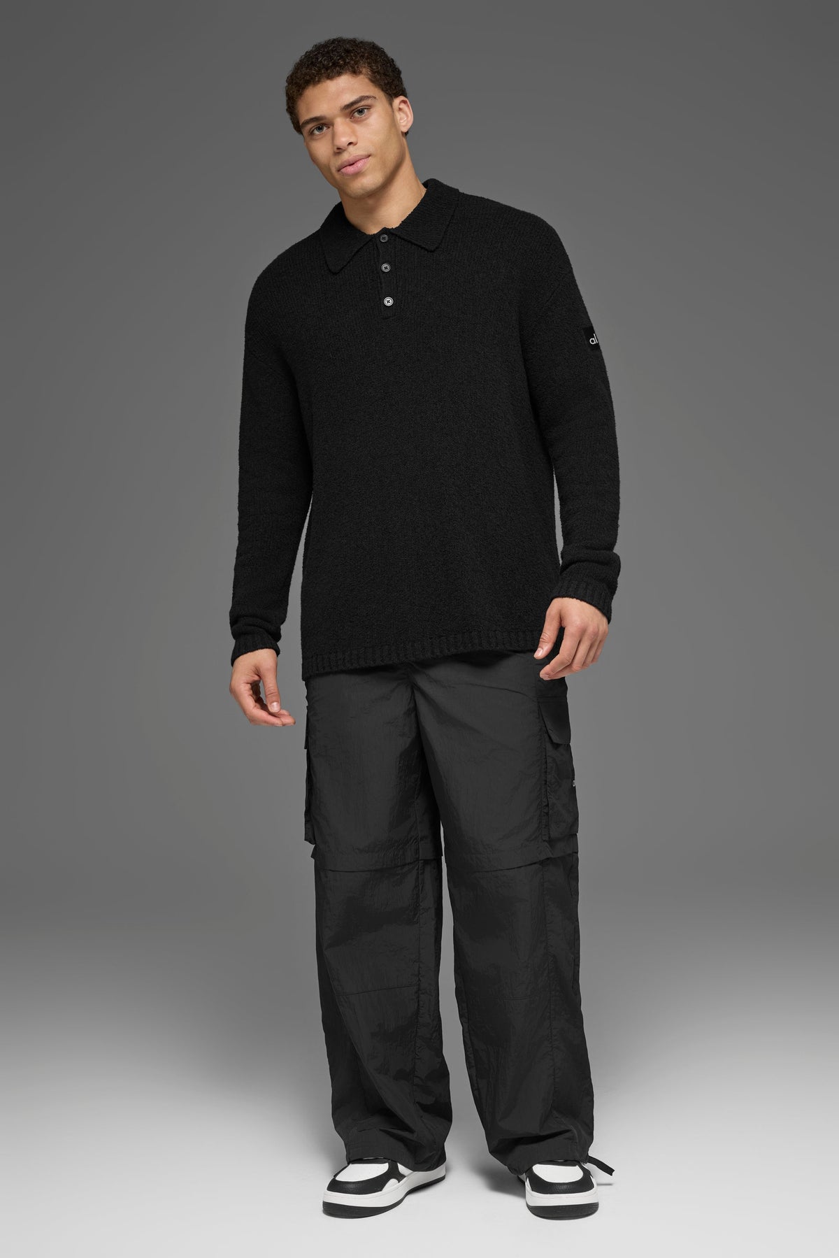 Textured Knit Long Sleeve Polo - Black