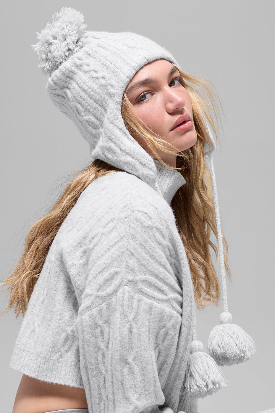 Cable Knit Winter Bliss Earflap Beanie - Athletic Heather Grey