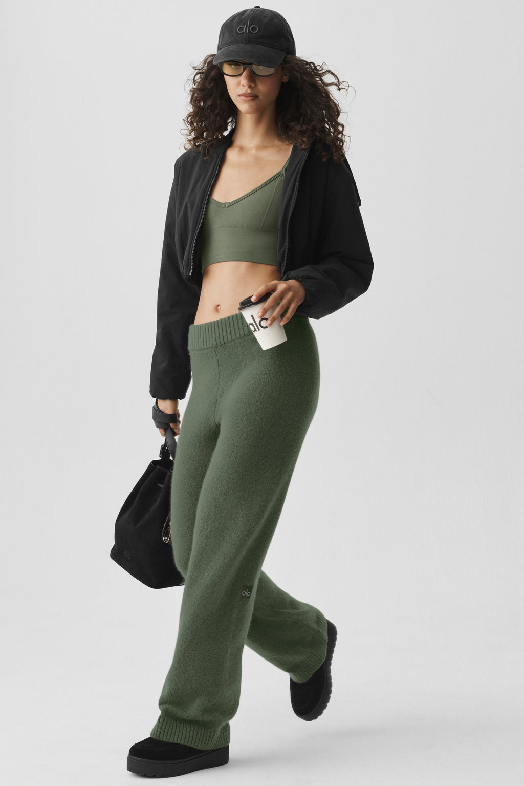 Wool Cashmere High-Waist New Class Wide Leg Pant - Bamboo Green
